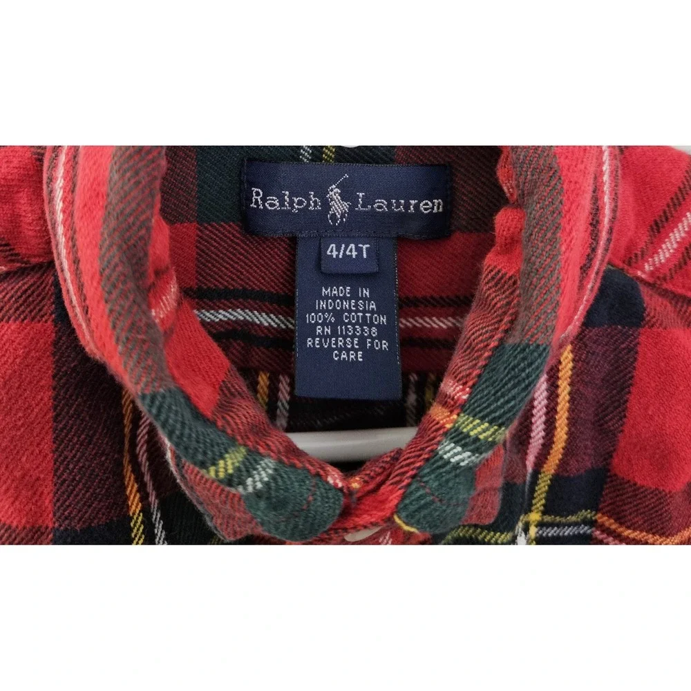 Ralph Lauren Toddler Boys Red Green Plaid Long Sleeve Shirt Size 4T Pony Logo‎